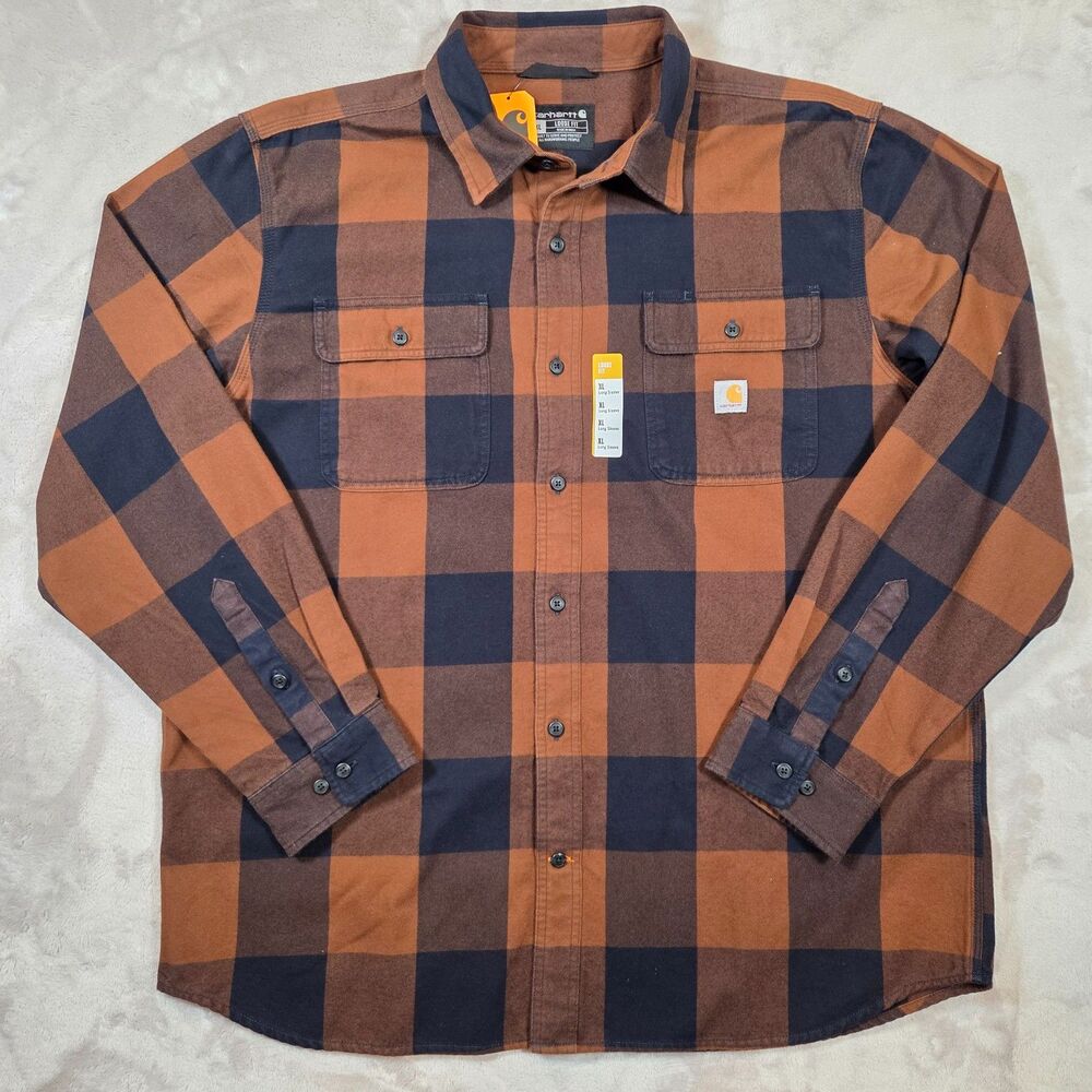 Carhartt XL Loose Fit Heavyweight Flannel Shirt Rust Brown Plaid NWT TW4451